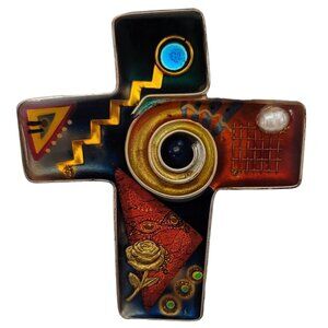 Yossi Steinberg Resin Pearl Rhinestone Mixed Element Cross Brooch Pin K591
